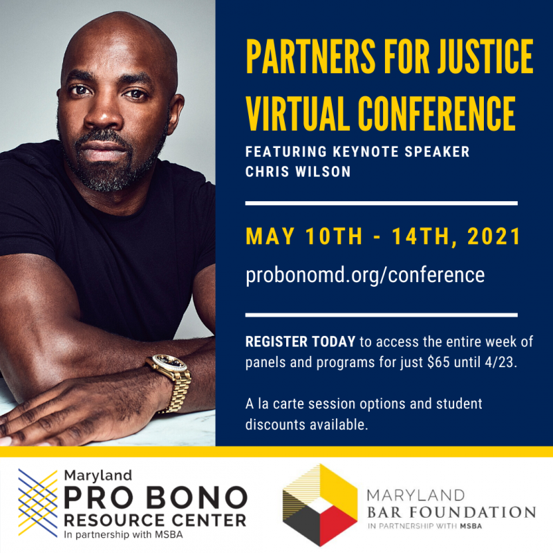 Partner for Justice Virtual Conference Logo - Picture of Chris Wilson, Keynote Speaker. May 10-14